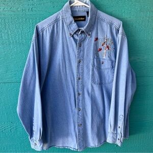 VTG Embroidered Light Blue Denim L/S Shirt Cardinals Red Birds SIZE  LARGE EUC
